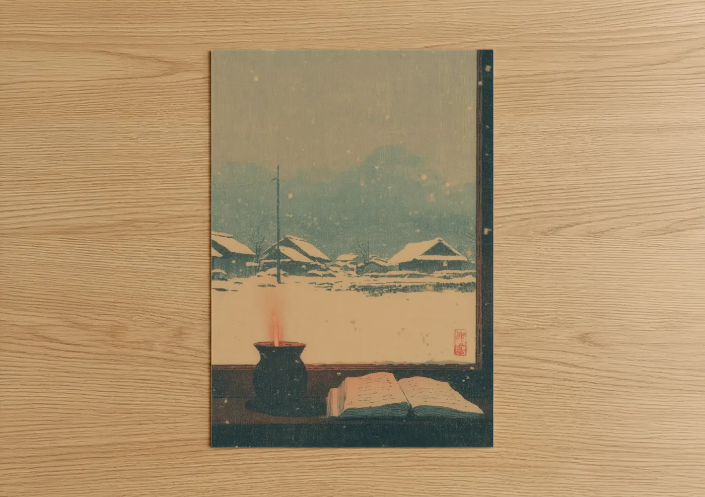 Art print on warm oak wood — cream and dove gray palette — Snowy Window Reading poster