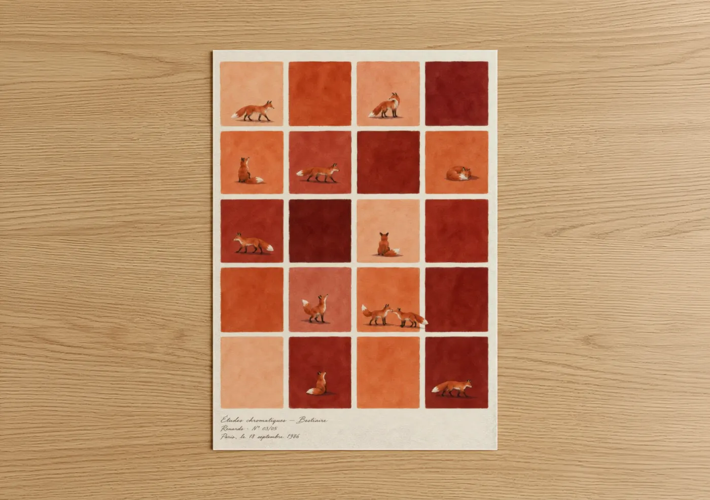 Art print on warm oak wood — orange and maroon palette — Fox Grid Minimalist Wall Art poster