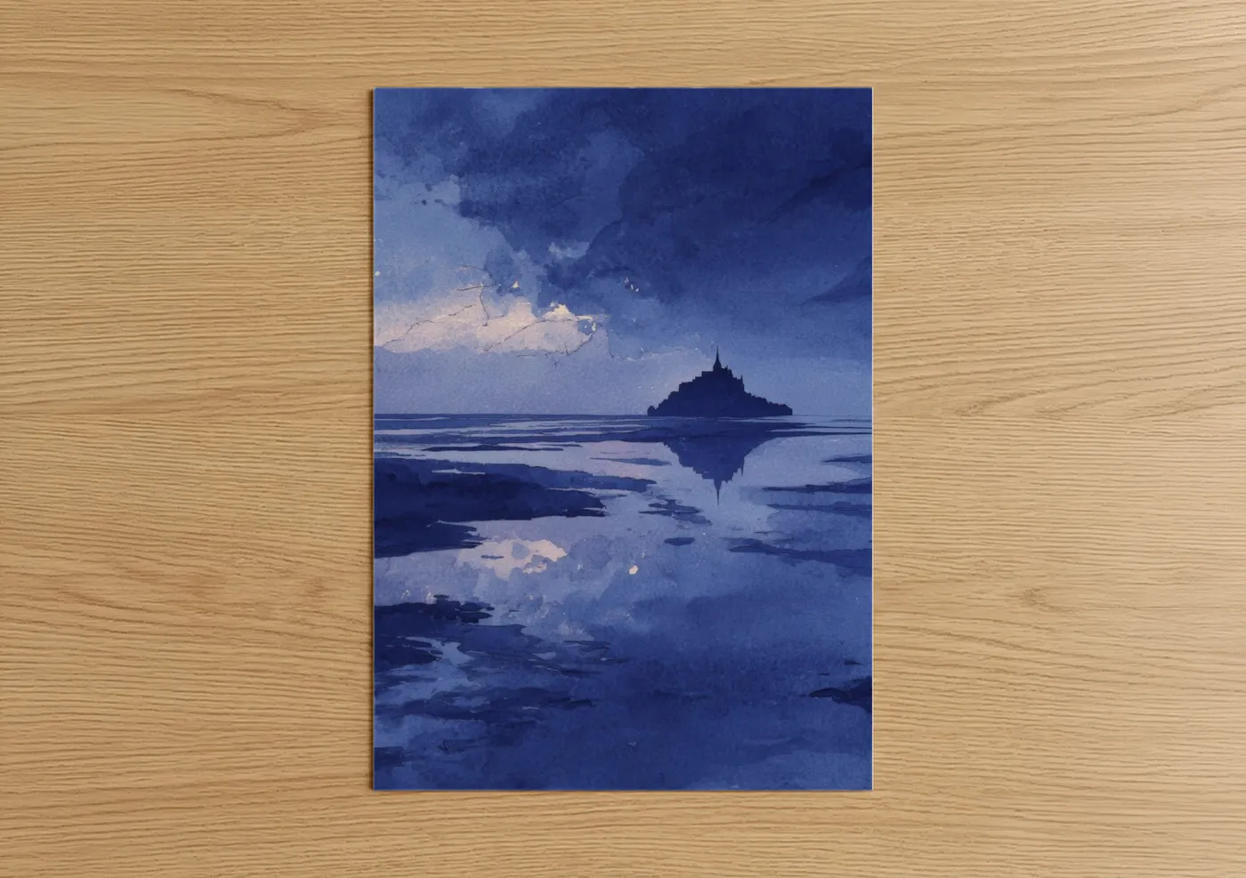 Mont saint-michel art print on warm oak wood — blue and cream palette — Twilight Mont-Saint-Michel poster