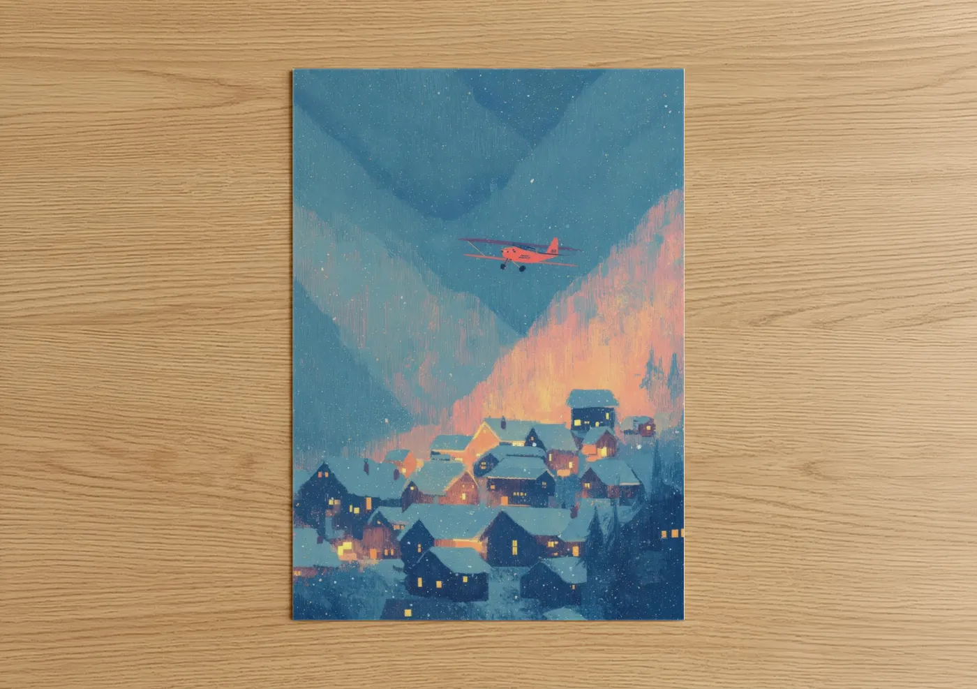 Red Propeller Plane Winter Village Wall Art