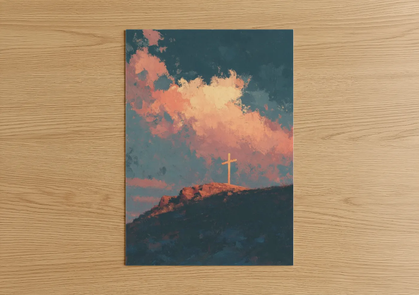 Golden Cross Hilltop Sunset Painting Wall Art