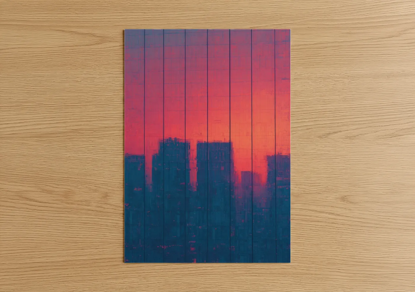 Art print on warm oak wood — red and dark blue palette — Urban Sunset Window poster