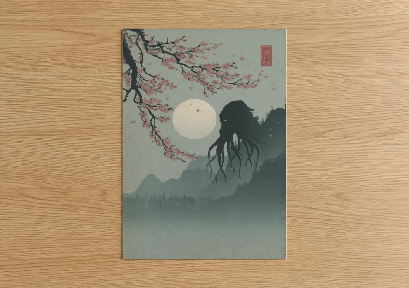 Art print on warm oak wood — blue and white and salmon pink palette — Moonlit Cthulhu poster