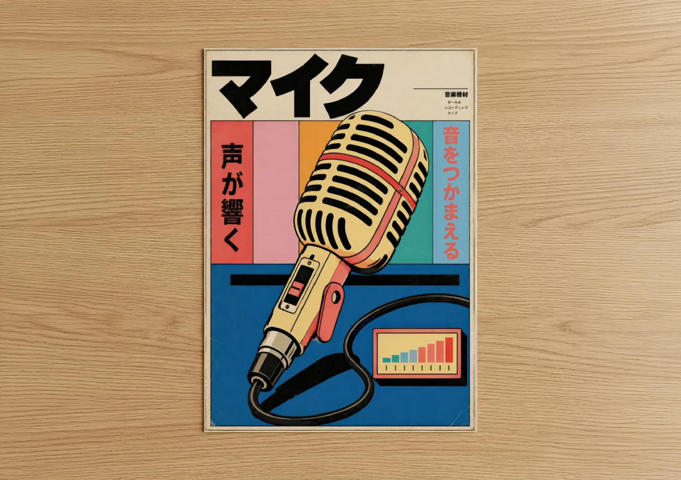 Art print on warm oak wood — blue and peach palette — Vintage Japanese Microphone Poster Wall Art poster