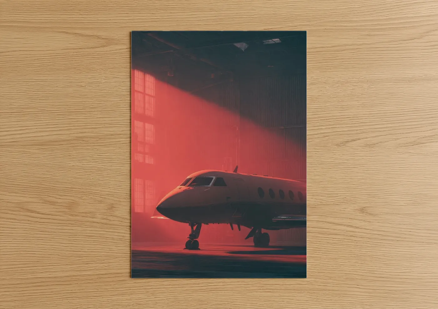 Private jet art print on warm oak wood — red and black and white palette — Crimson Hangar Jet poster