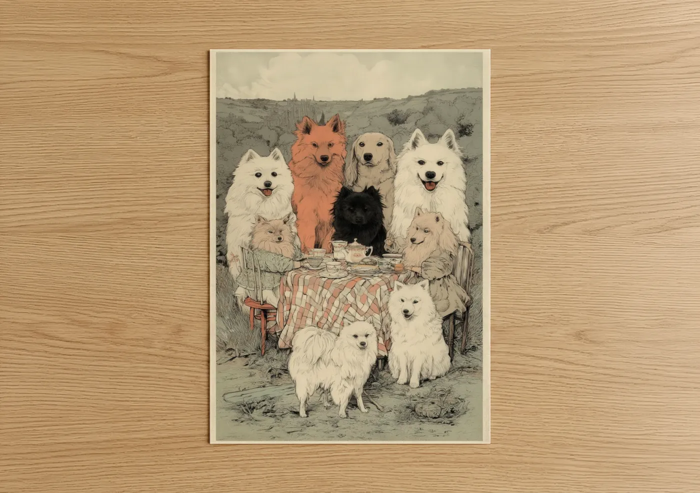 Spitz Dogs Tea Party Vintage Illustration Wall Art