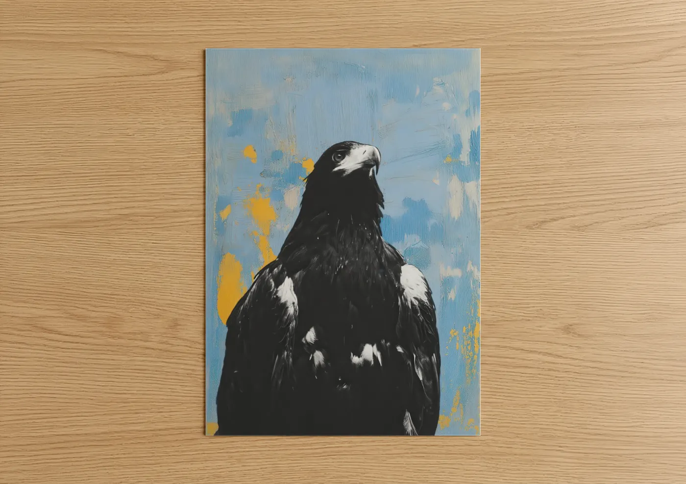 Art print on warm oak wood — blue and gold palette — Majestic Eagle Portrait poster