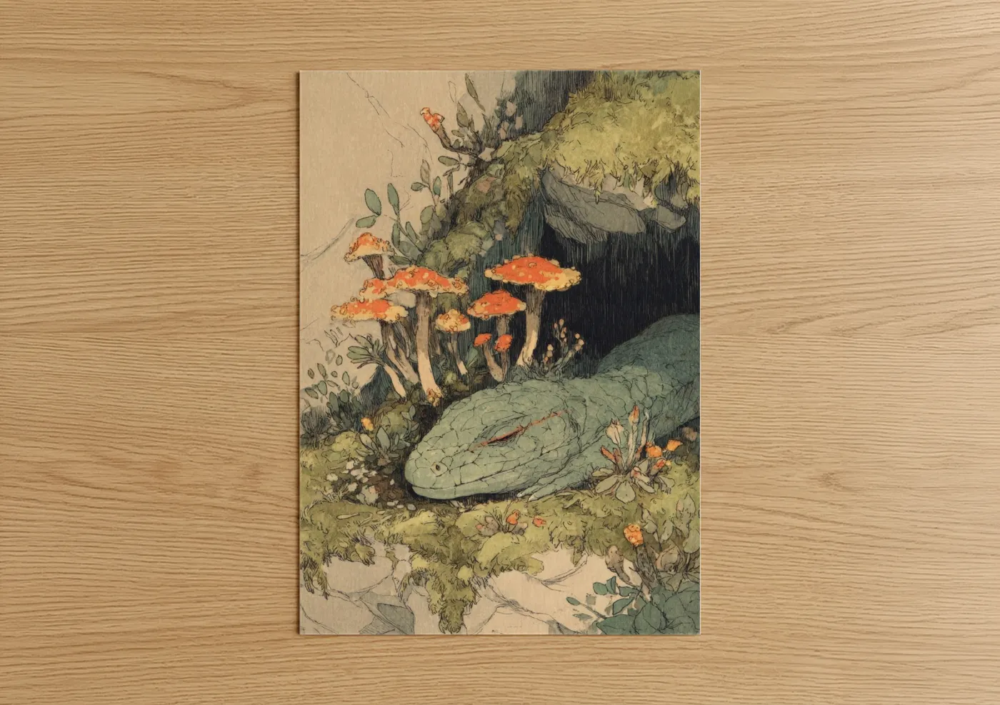 Art print on warm oak wood — sage green and orange palette — Forest Basilisk poster