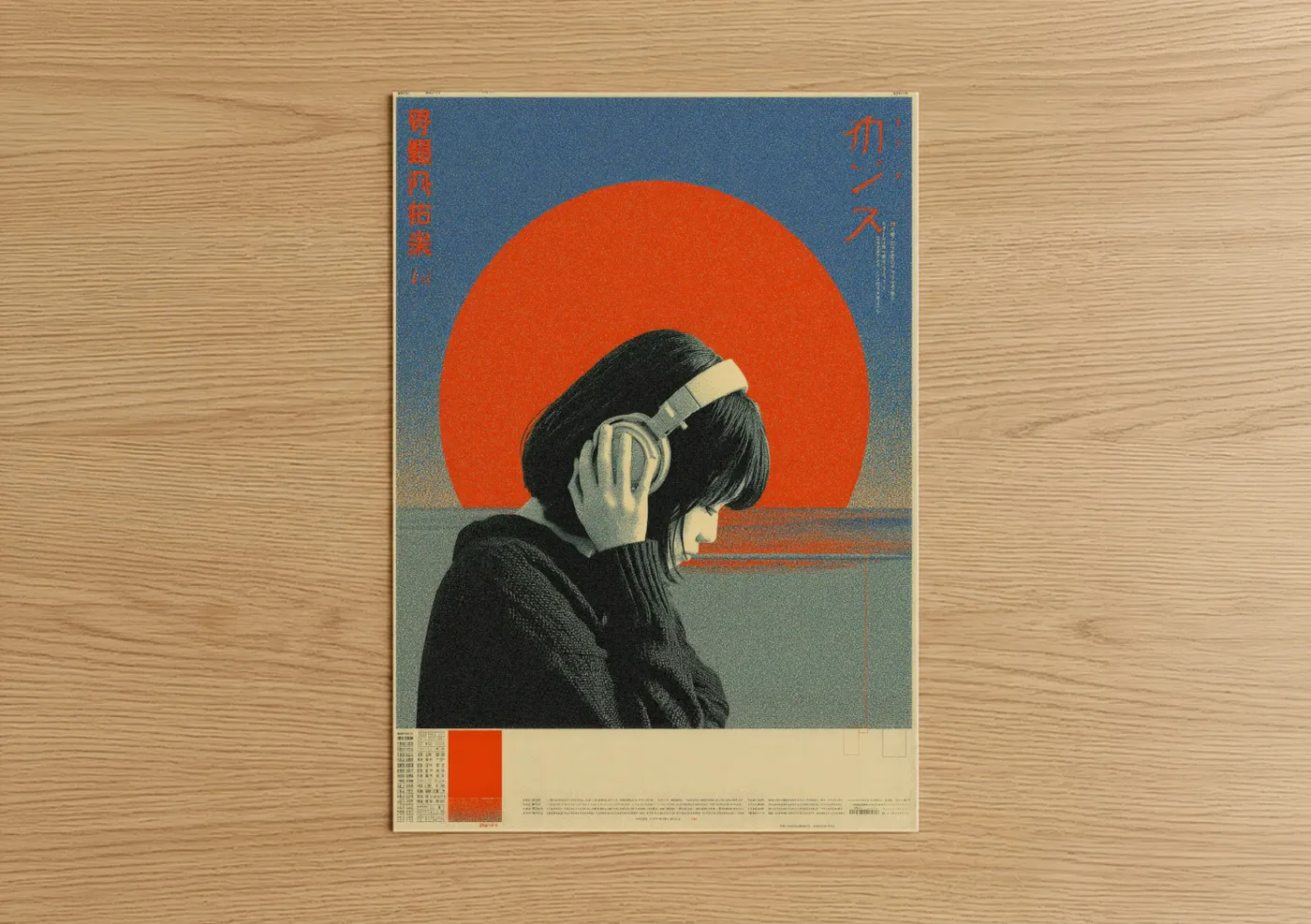 Japanese y2k art print on warm oak wood — blue and red palette — Sunset Listener poster