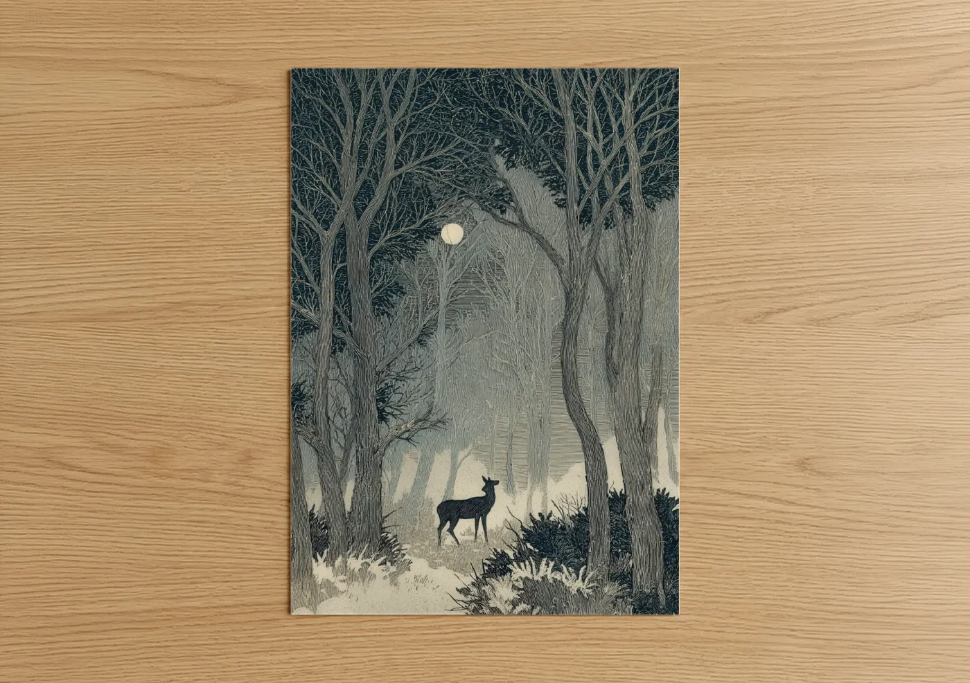 Moonlit Winter Forest Deer Scene Wall Art