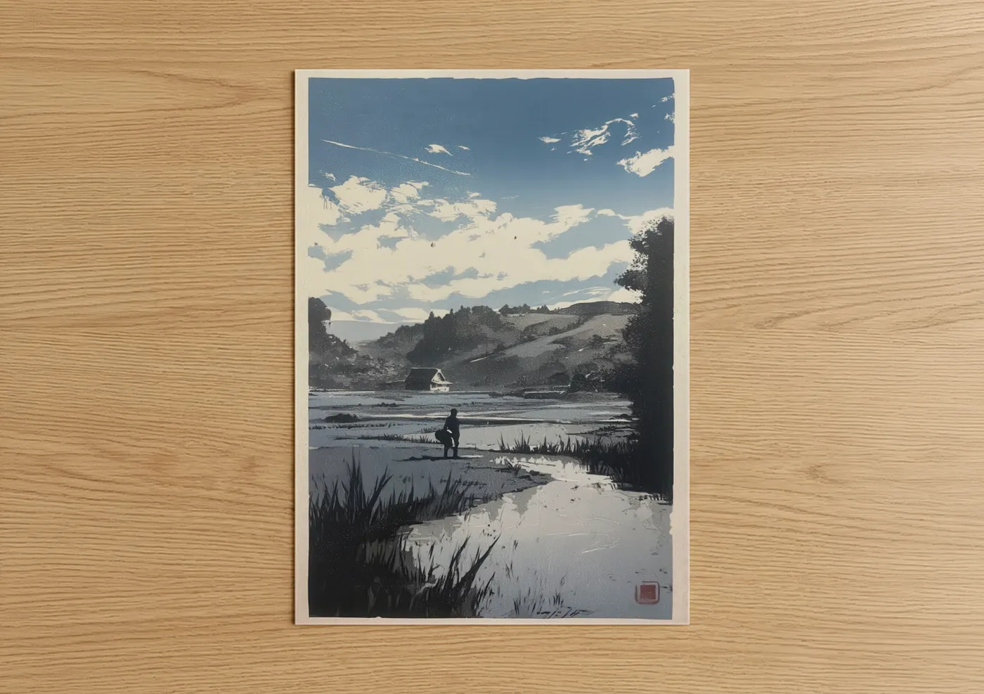 Various landscapes art print on warm oak wood — blue and black and white palette — Riverside Wading poster