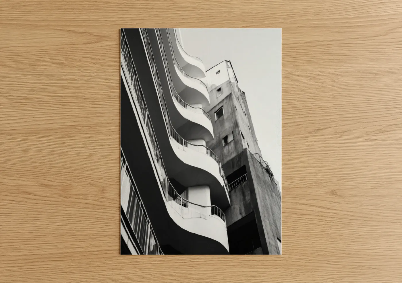 Abstract architecture art print on warm oak wood — black and white and gray palette — Curved Modernism poster