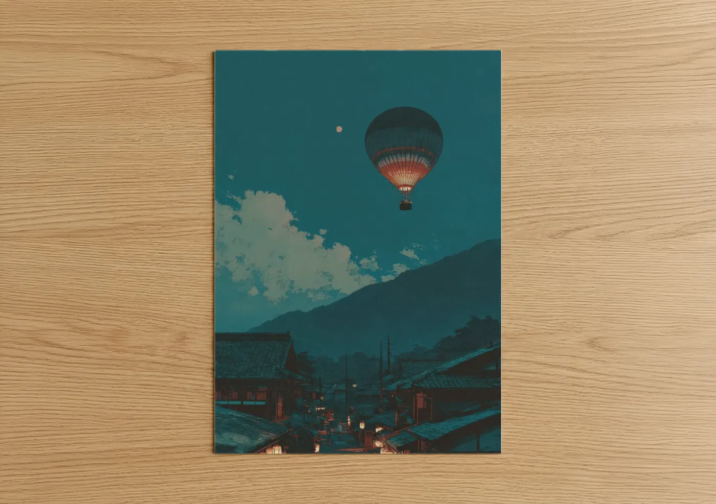 Hot air baloon art print on warm oak wood — teal and salmon pink palette — Crimson Ascent poster