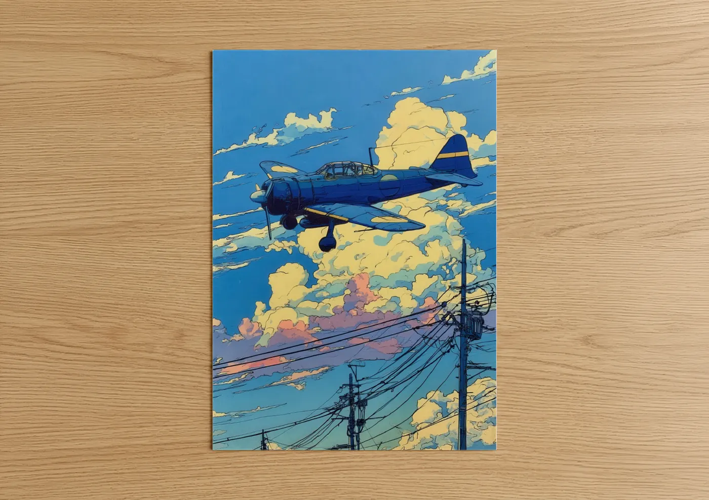 Vintage airplane art print on warm oak wood — blue and yellow gold palette — Blue Retro Flight poster