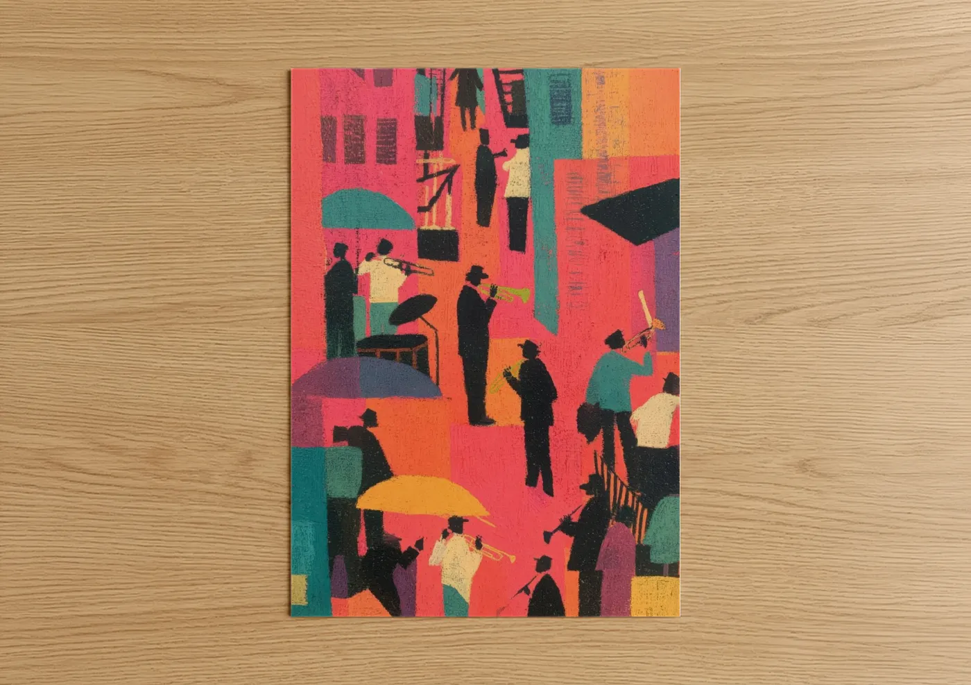 Art print on warm oak wood — orange and teal palette — Vibrant Jazz Ensemble poster