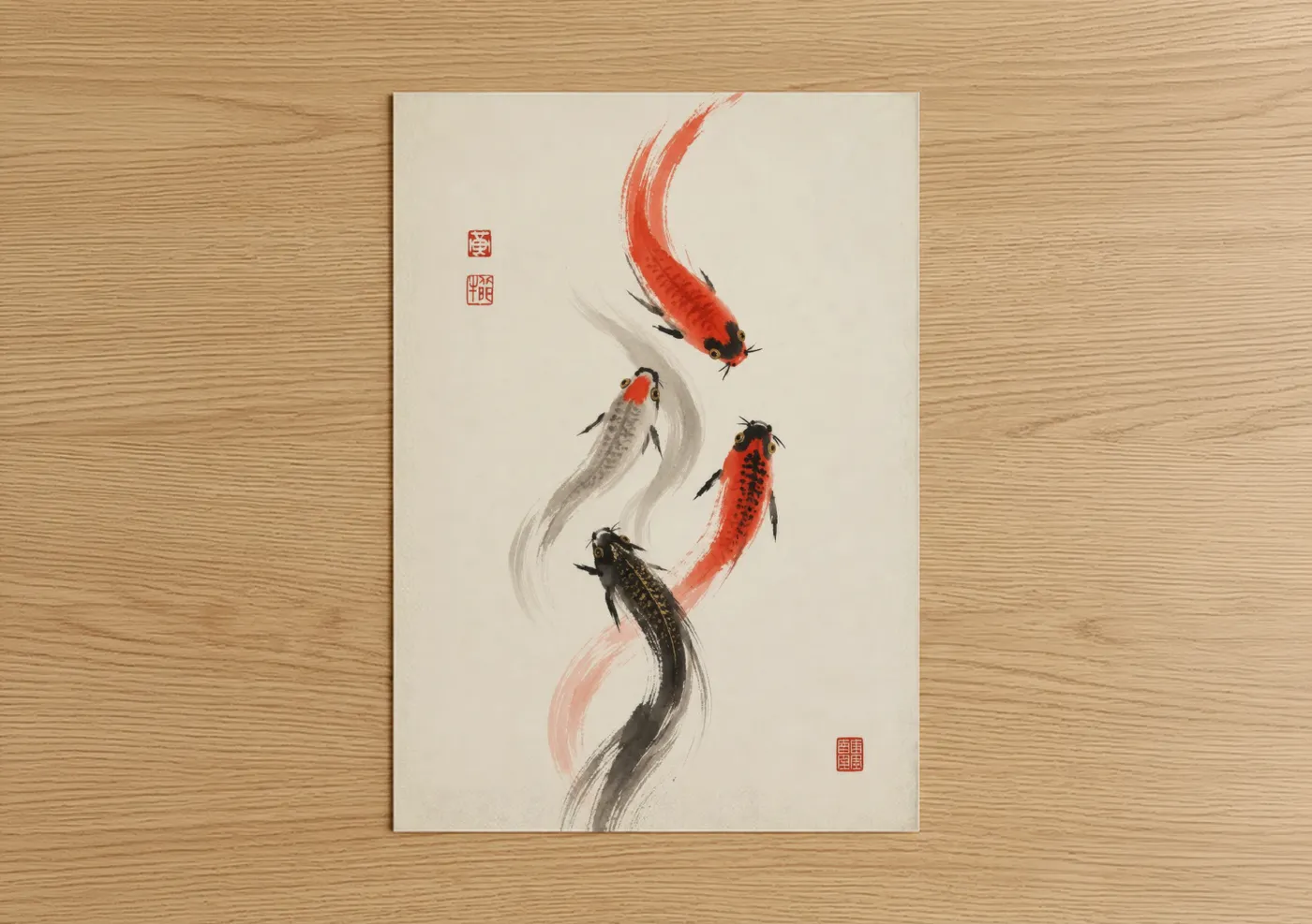 Art print on warm oak wood — red and black and white palette — Japanese Koi Fish Wall Art poster