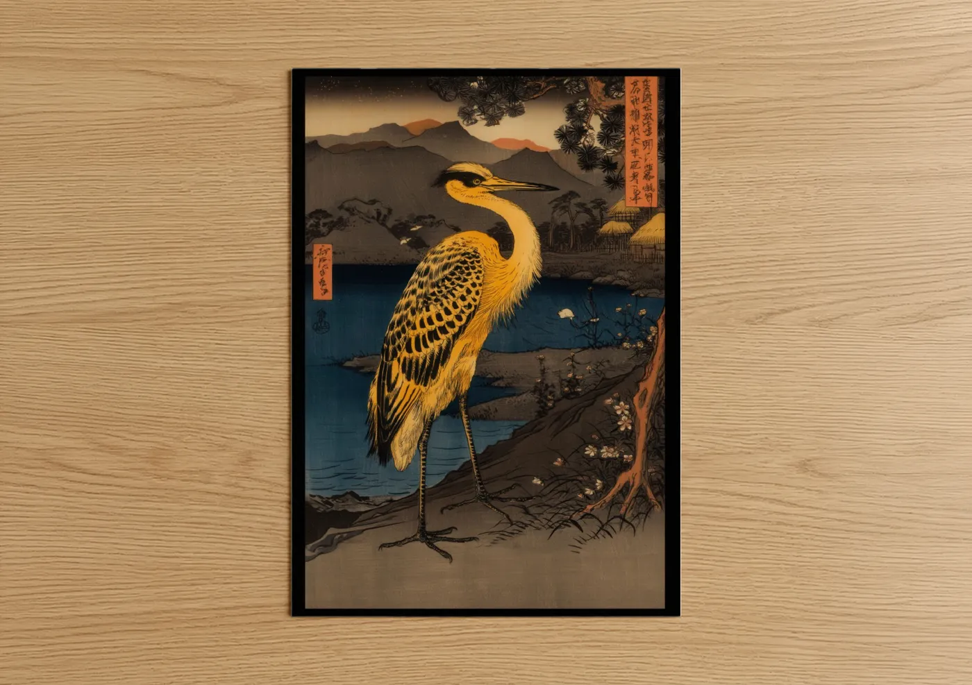 Art print on warm oak wood — gold and blue palette — Golden Heron poster
