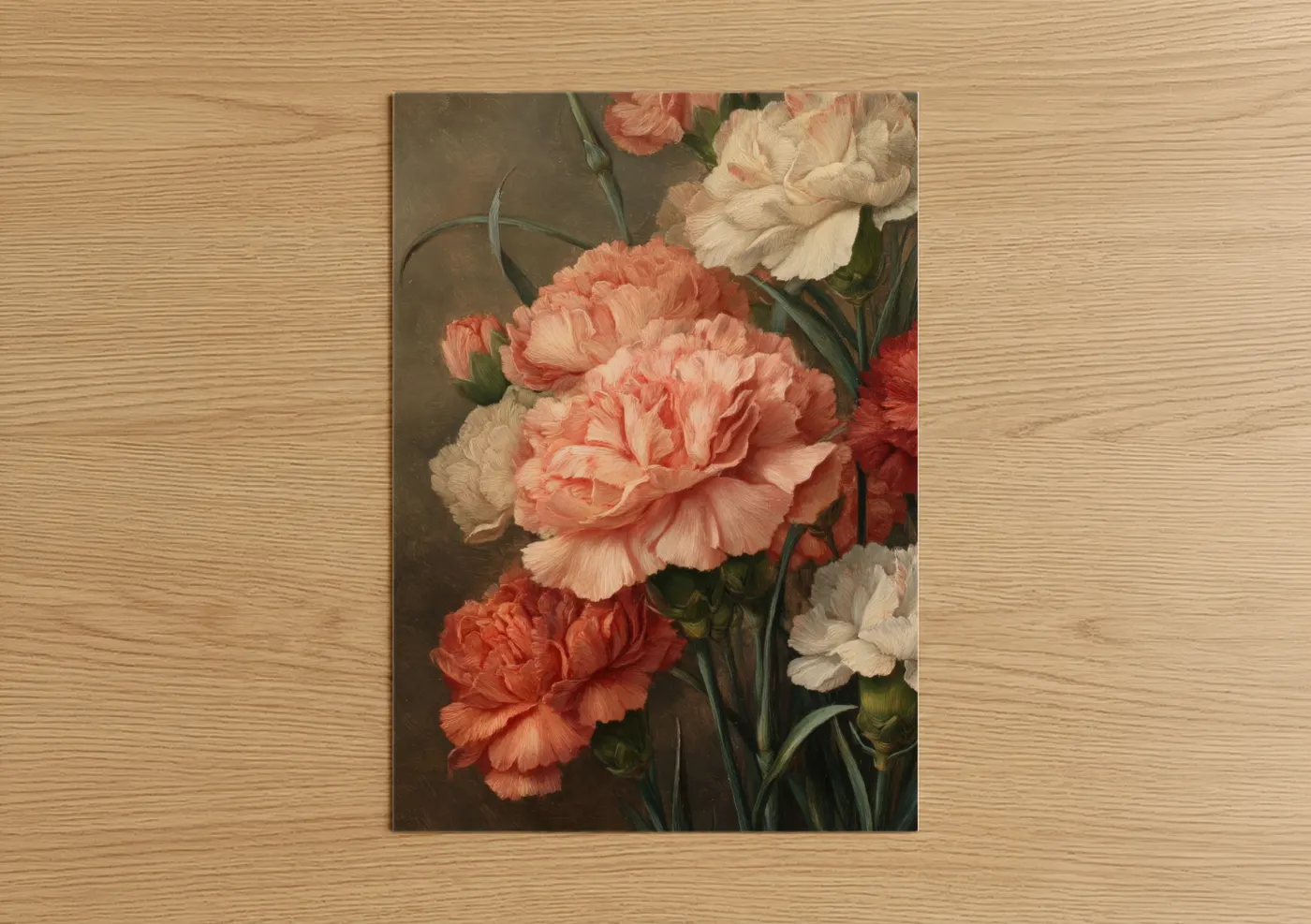 Carnations art print on warm oak wood — peach and cream palette — Coral Carnation Elegance poster