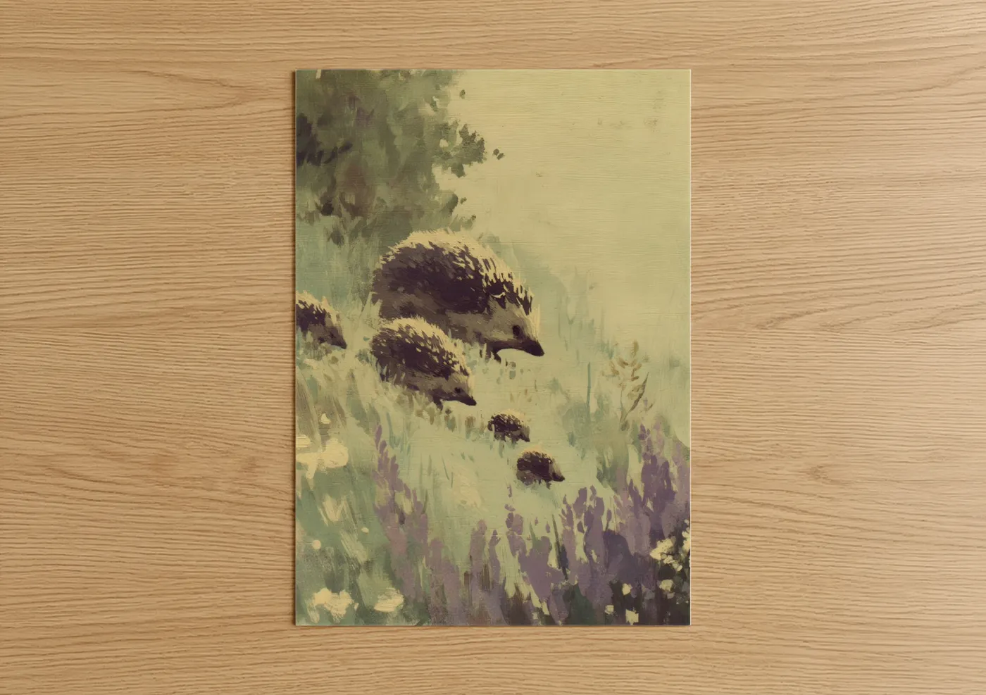 Art print on warm oak wood — sage green and cream palette — Meadow Hedgehogs poster