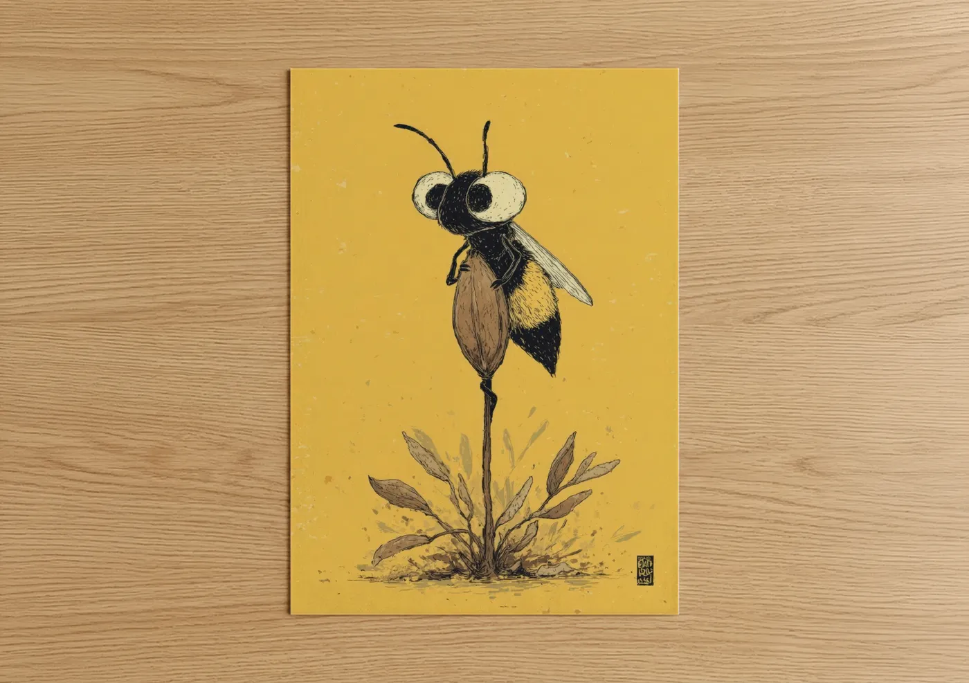 Golden Bee Sprout Illustration Wall Art