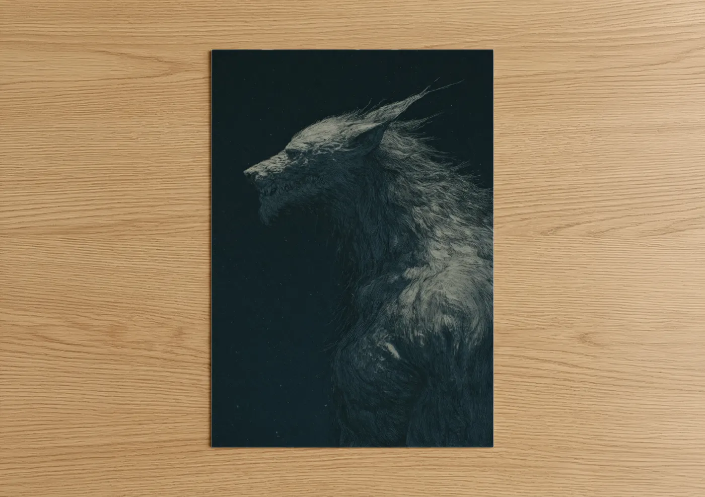 Art print on warm oak wood — dark blue and black and white palette — Frostbound Werewolf poster