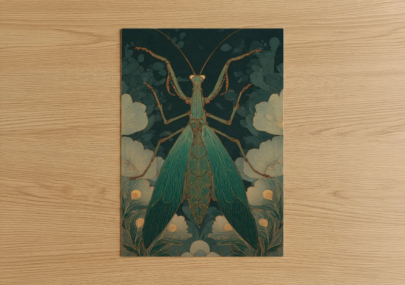 Emerald Praying Mantis Botanical Wall Art