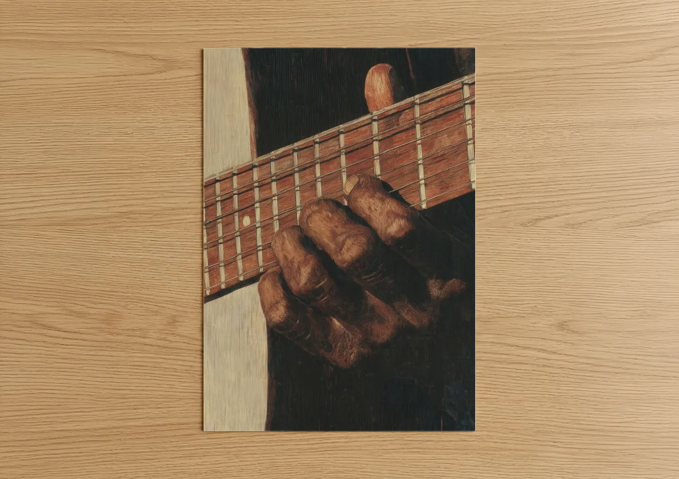Art print on warm oak wood — russet and black palette — Blues Guitarist poster