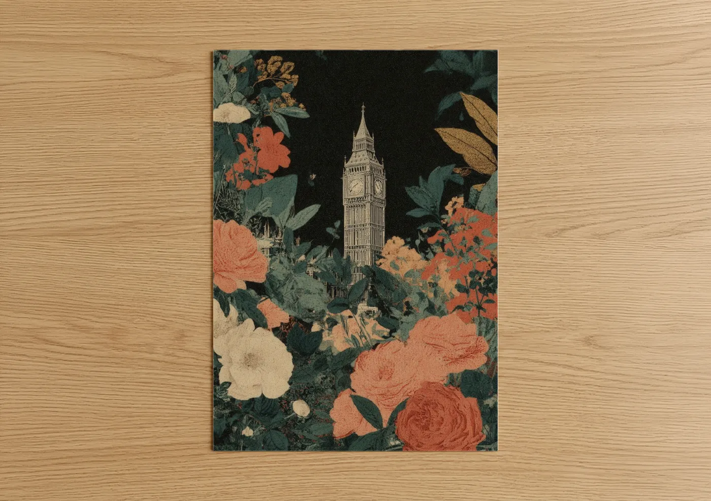 Art print on warm oak wood — salmon pink and dark green palette — Big Ben Floral poster
