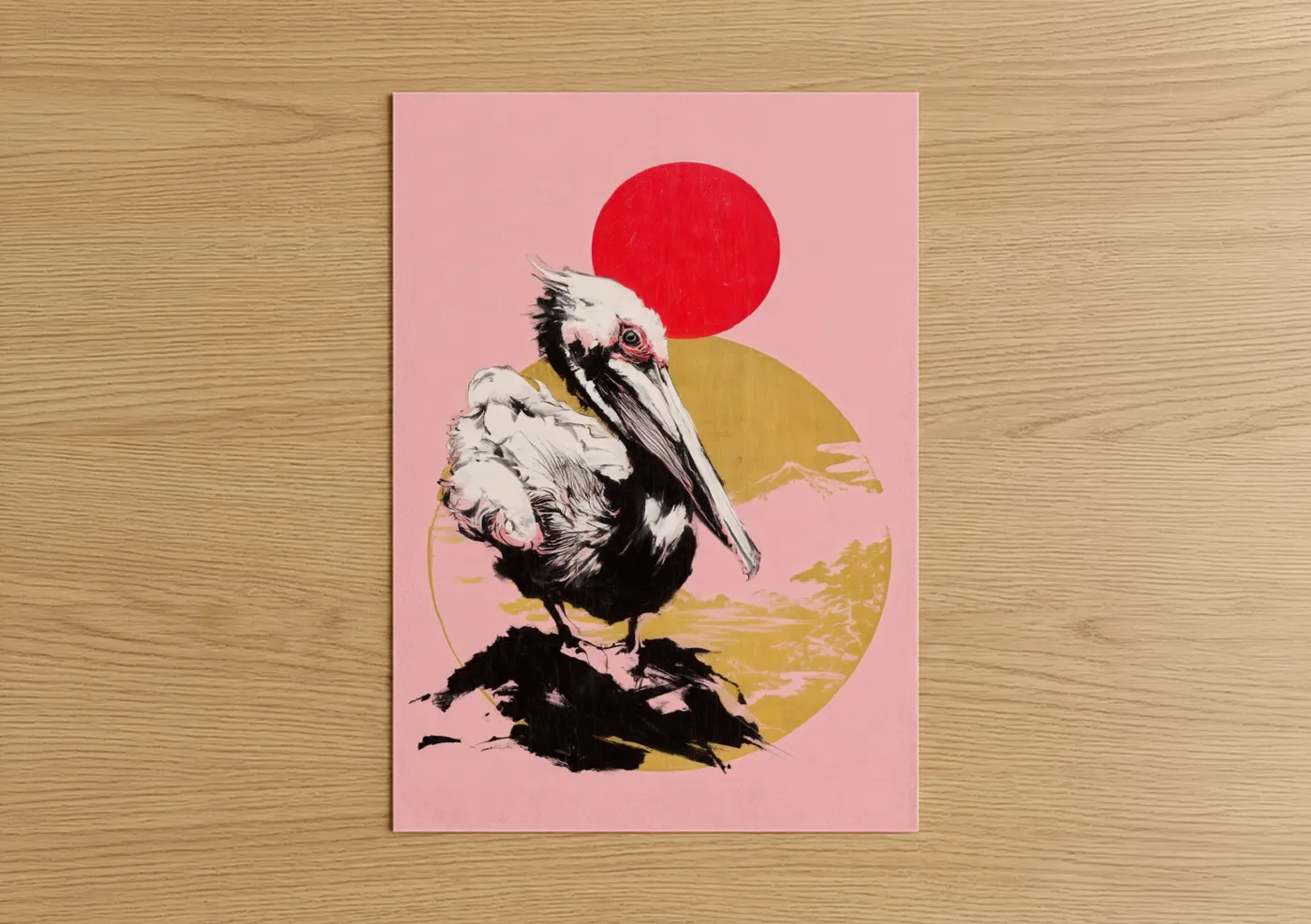 Art print on warm oak wood — pink and gold palette — Sunrise Pelican poster