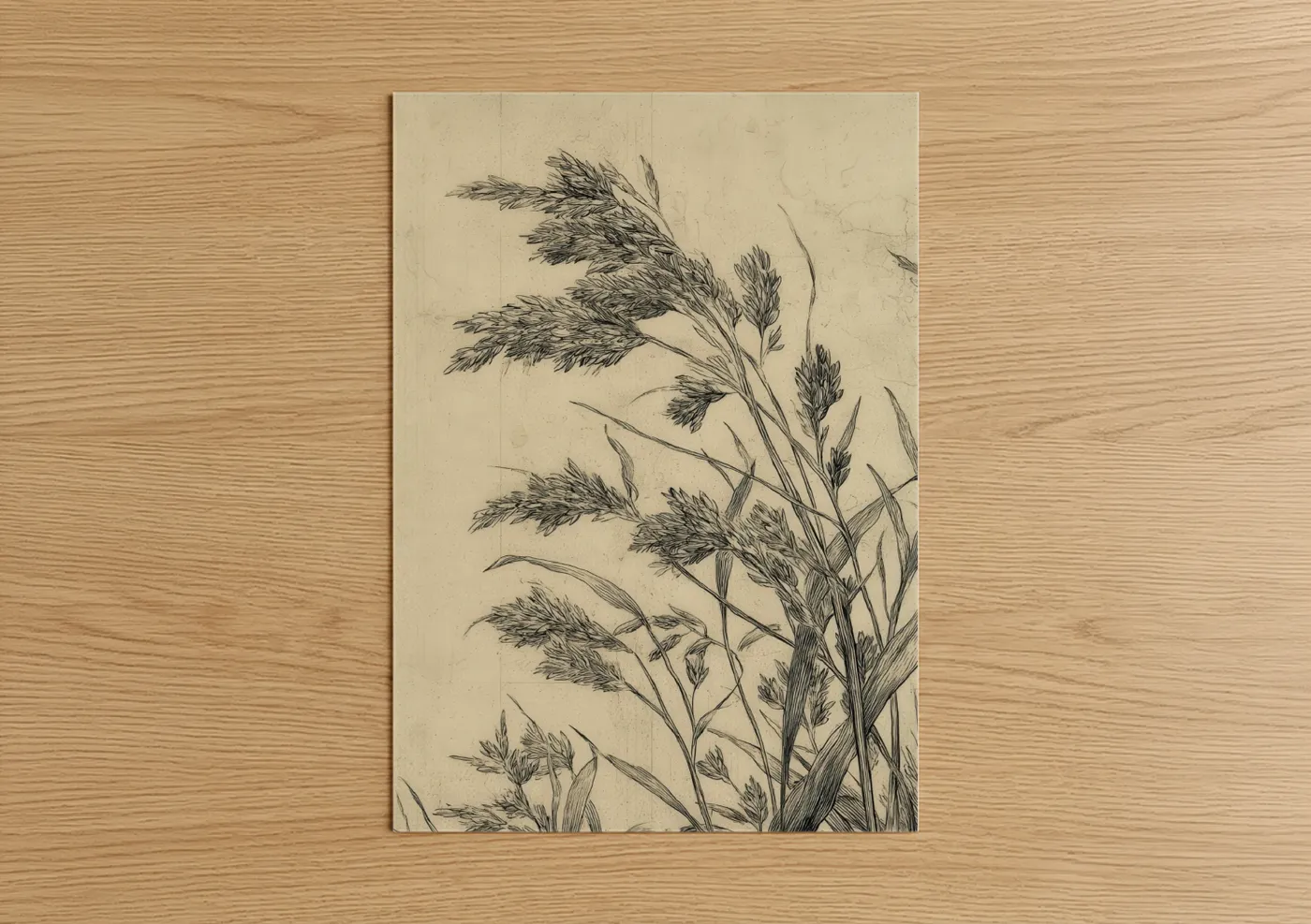 Art print on warm oak wood — cream and black and white palette — Windswept Grain poster