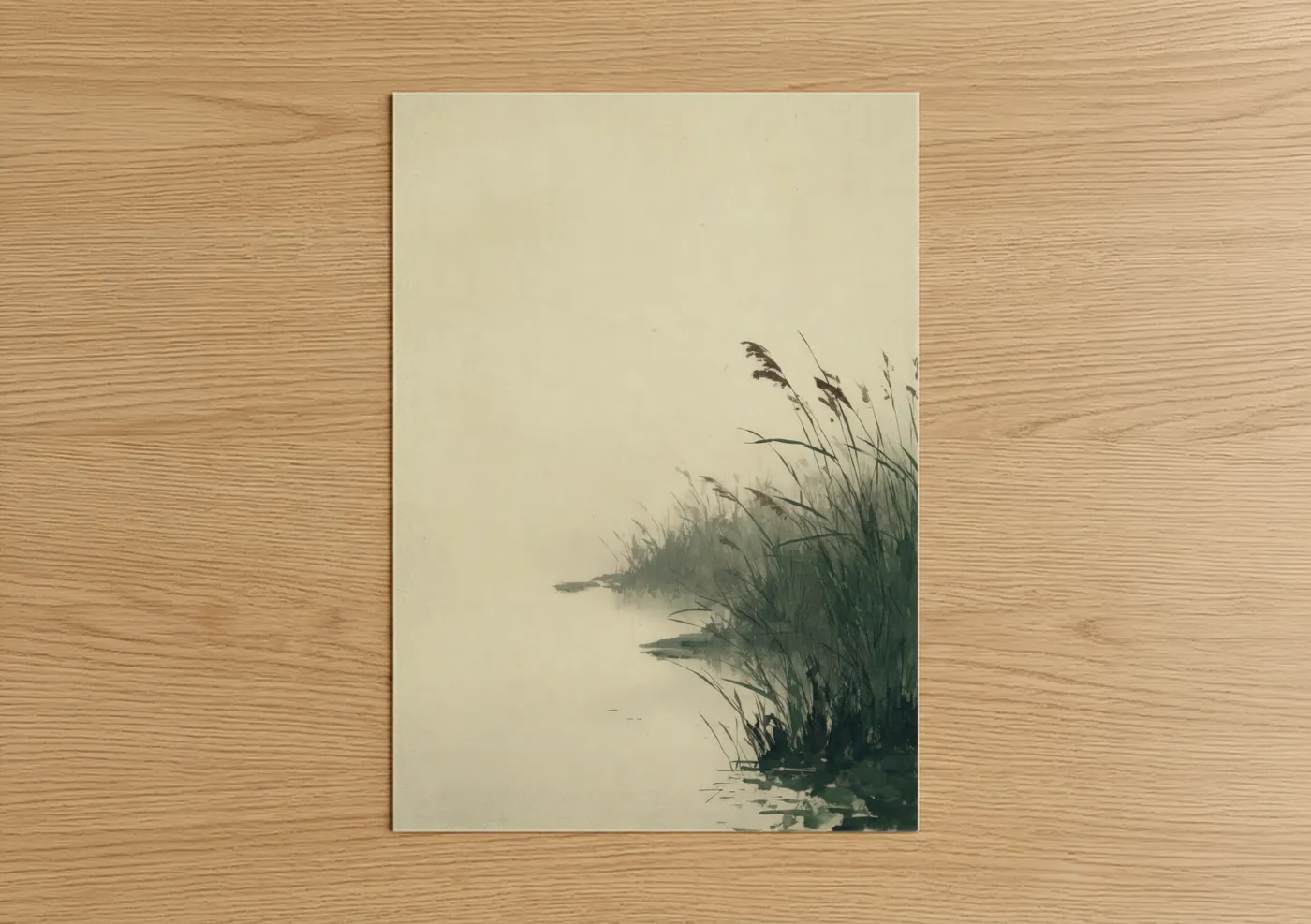 Art print on warm oak wood — cream and dove gray palette — Misty Reeds poster