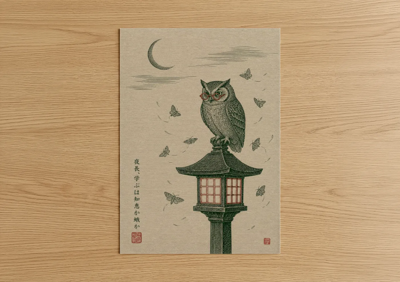 Art print on warm oak wood — beige and true green palette — Japanese Owl and Lantern Wall Art poster