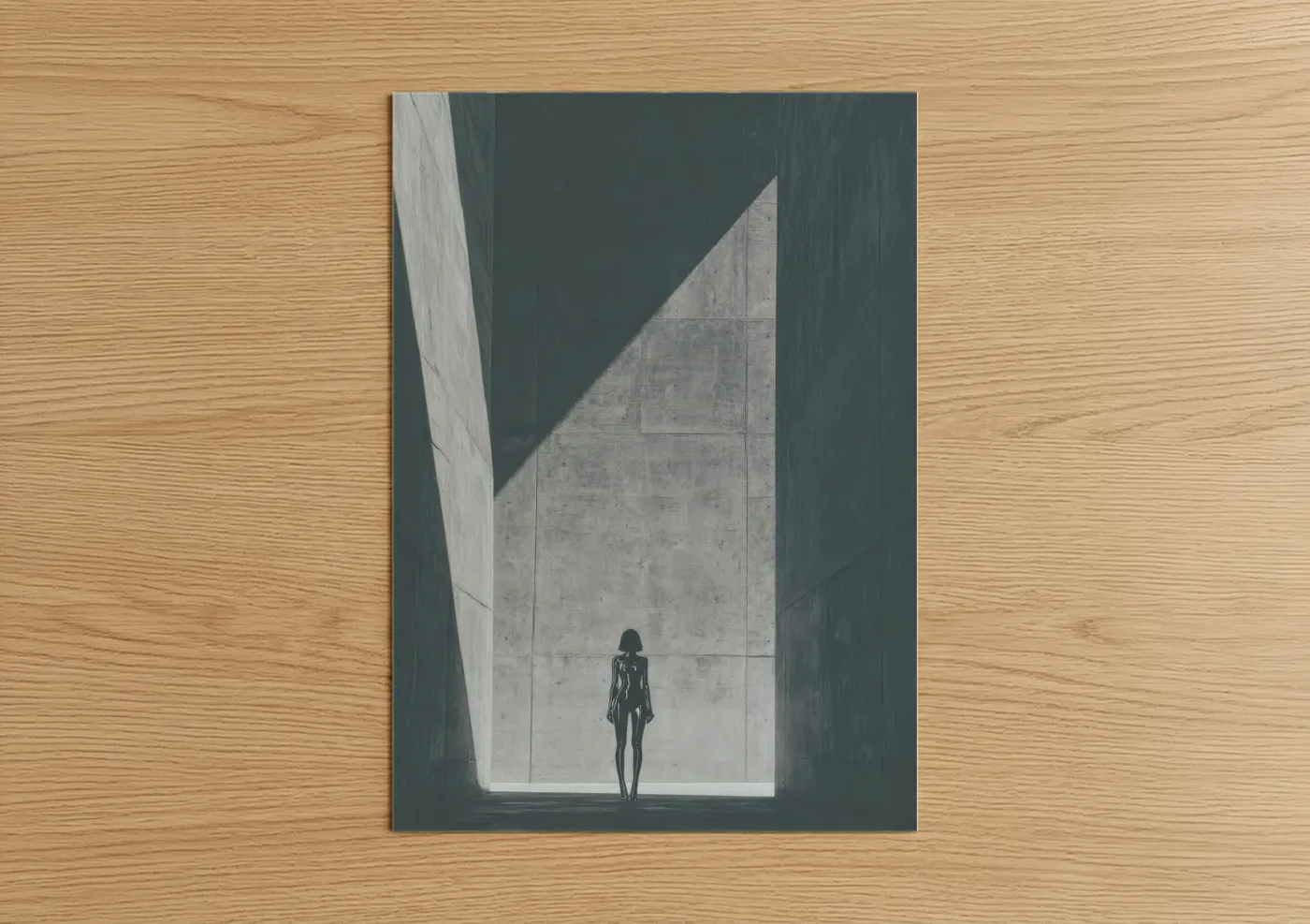 Women's fashion art print on warm oak wood — gray and white palette — Minimalist Fashion Explorer poster