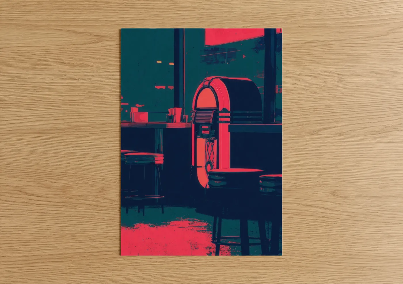 Rock'n roll art print on warm oak wood — magenta and teal palette — Neon Jukebox poster