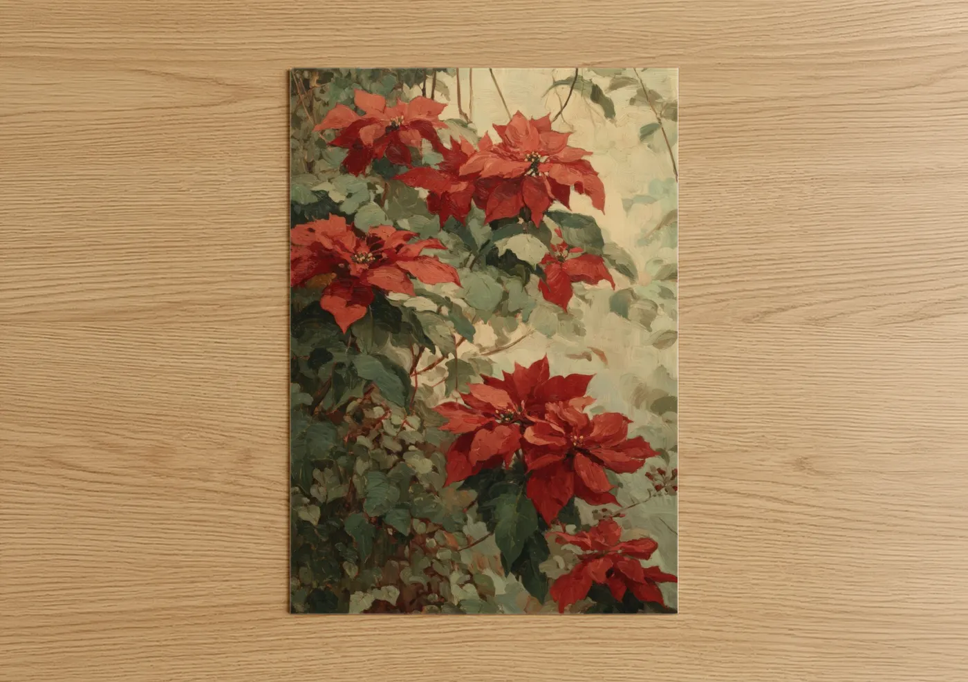 Art print on warm oak wood — red and sage green palette — Crimson Poinsettias poster