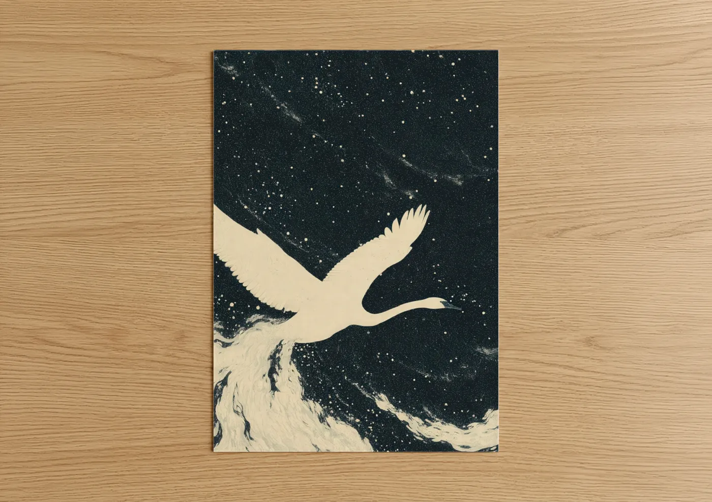 Space art print on warm oak wood — black and white and cream palette — Celestial Swan poster