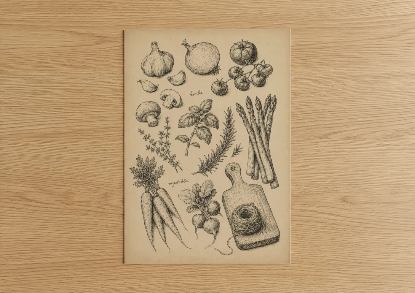 Art print on warm oak wood — beige and cream palette — Vintage Vegetable Illustration Wall Art poster