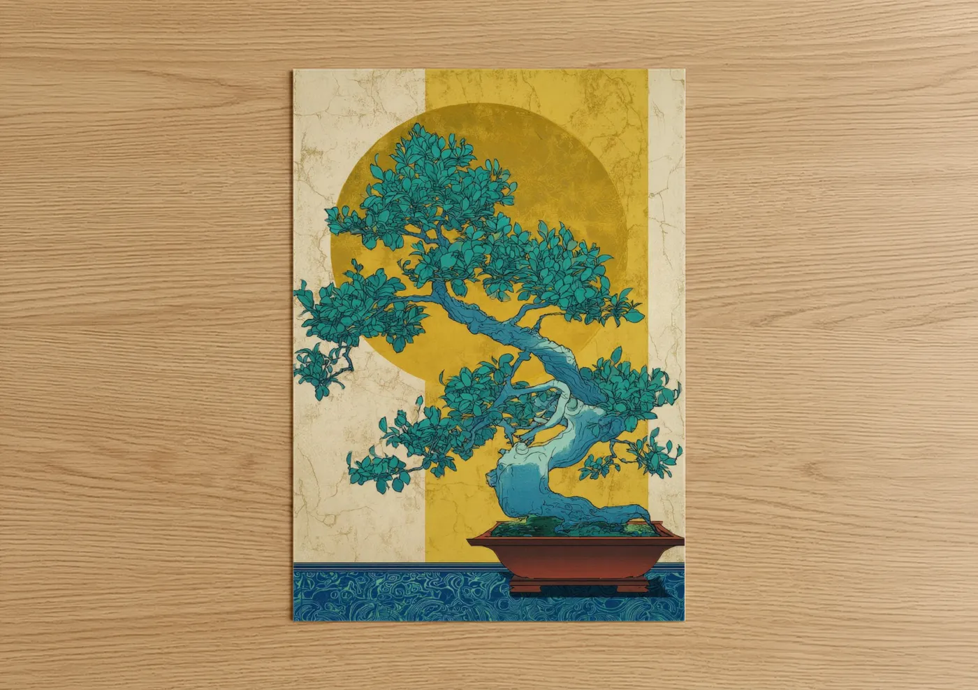 Bonsai tree art print on warm oak wood — yellow gold and teal palette — Golden Bonsai poster