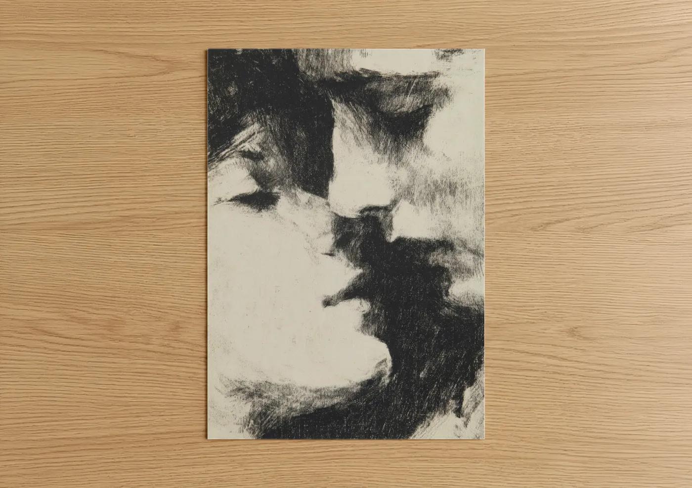 Couple art print on warm oak wood — black and white palette — Intimate Embrace poster