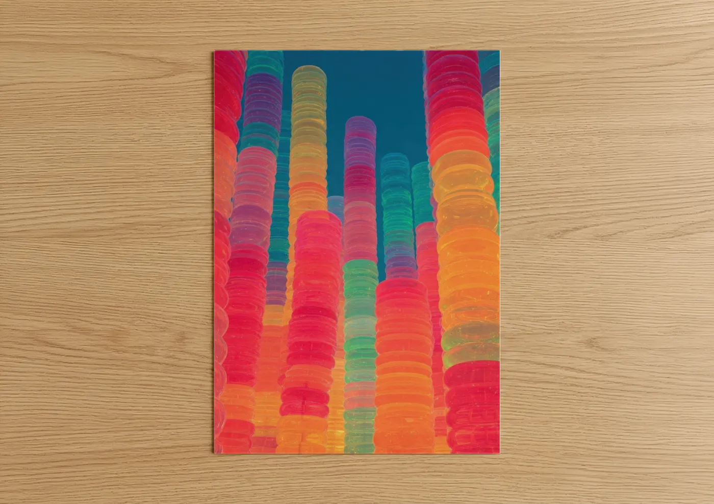 Art print on warm oak wood — magenta and orange palette — Neon Columns poster