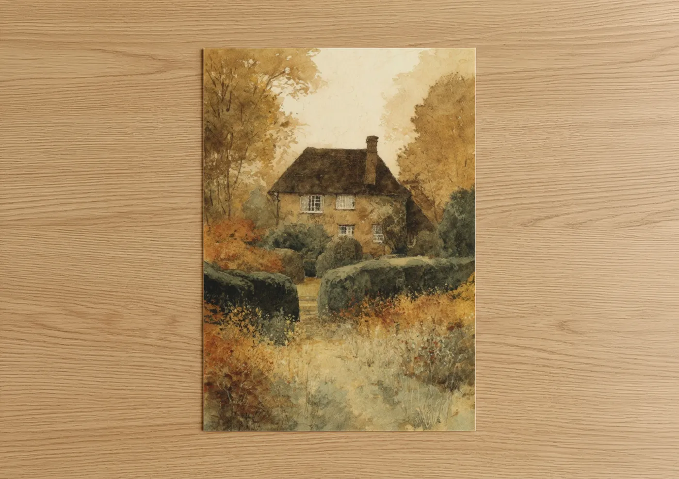 Rustic Cottage Autumn Watercolor Landscape Wall Art