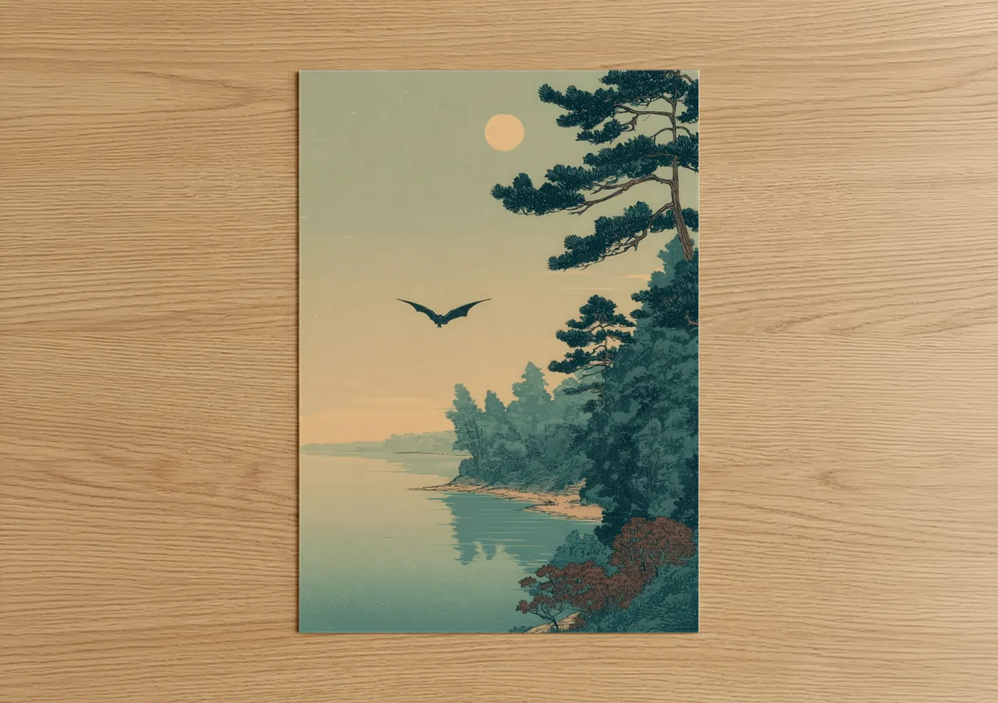 Art print on warm oak wood — sage green and gold palette — Twilight Bat Flight poster