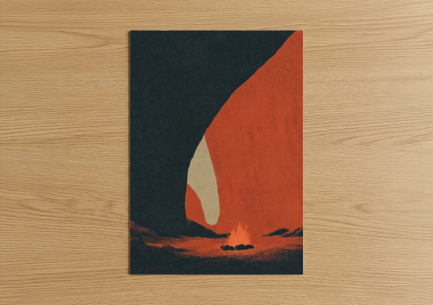 Camping art print on warm oak wood — dark blue and red palette — Campfire Evening poster