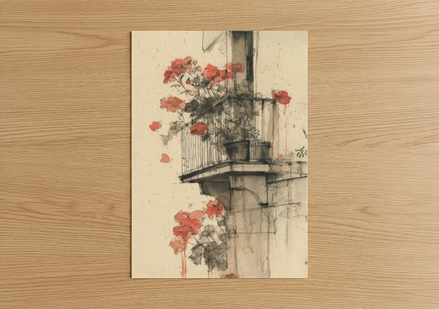 Art print on warm oak wood — red and cream palette — Balcony Geraniums poster