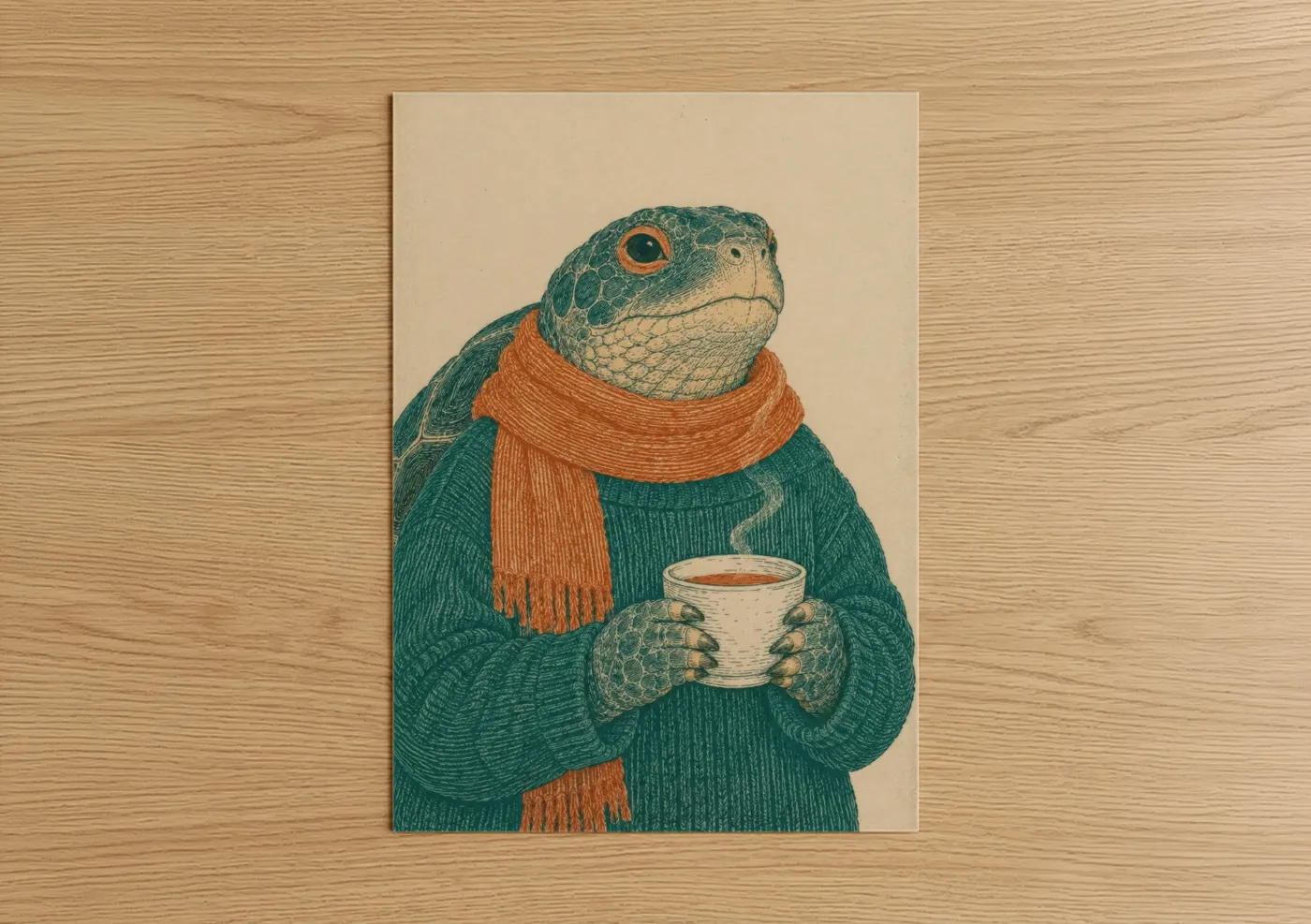 Frogs and toads art print on warm oak wood — teal and orange palette — Cozy Frog With Coffee Wall Art poster