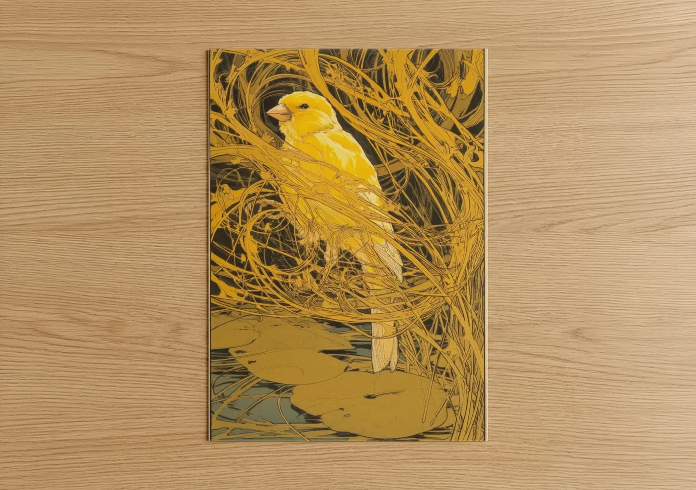 Golden Canary in Nest Illustration Wall Art