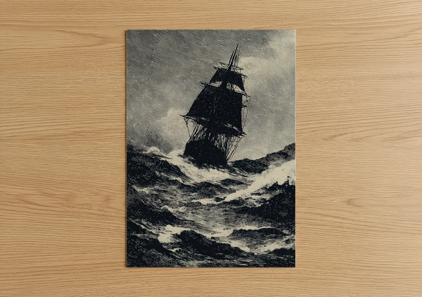 Vintage Sailing Ship Storm Engraving Wall Art
