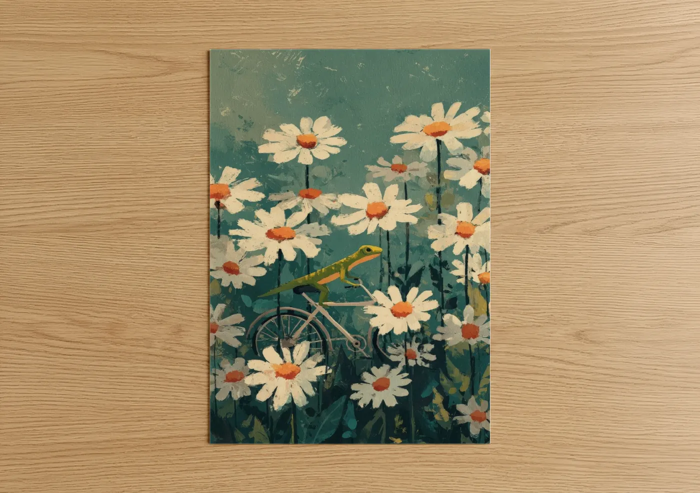 Green Lizard Daisy Field Illustration Wall Art