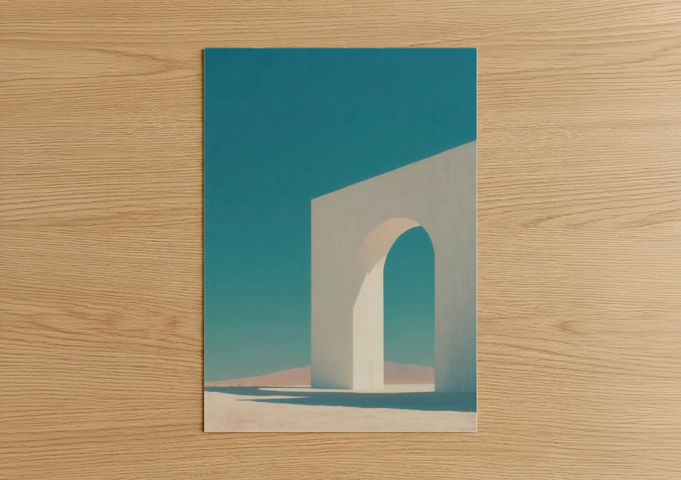 Art print on warm oak wood — teal and cream palette — Minimal Arch Gateway poster