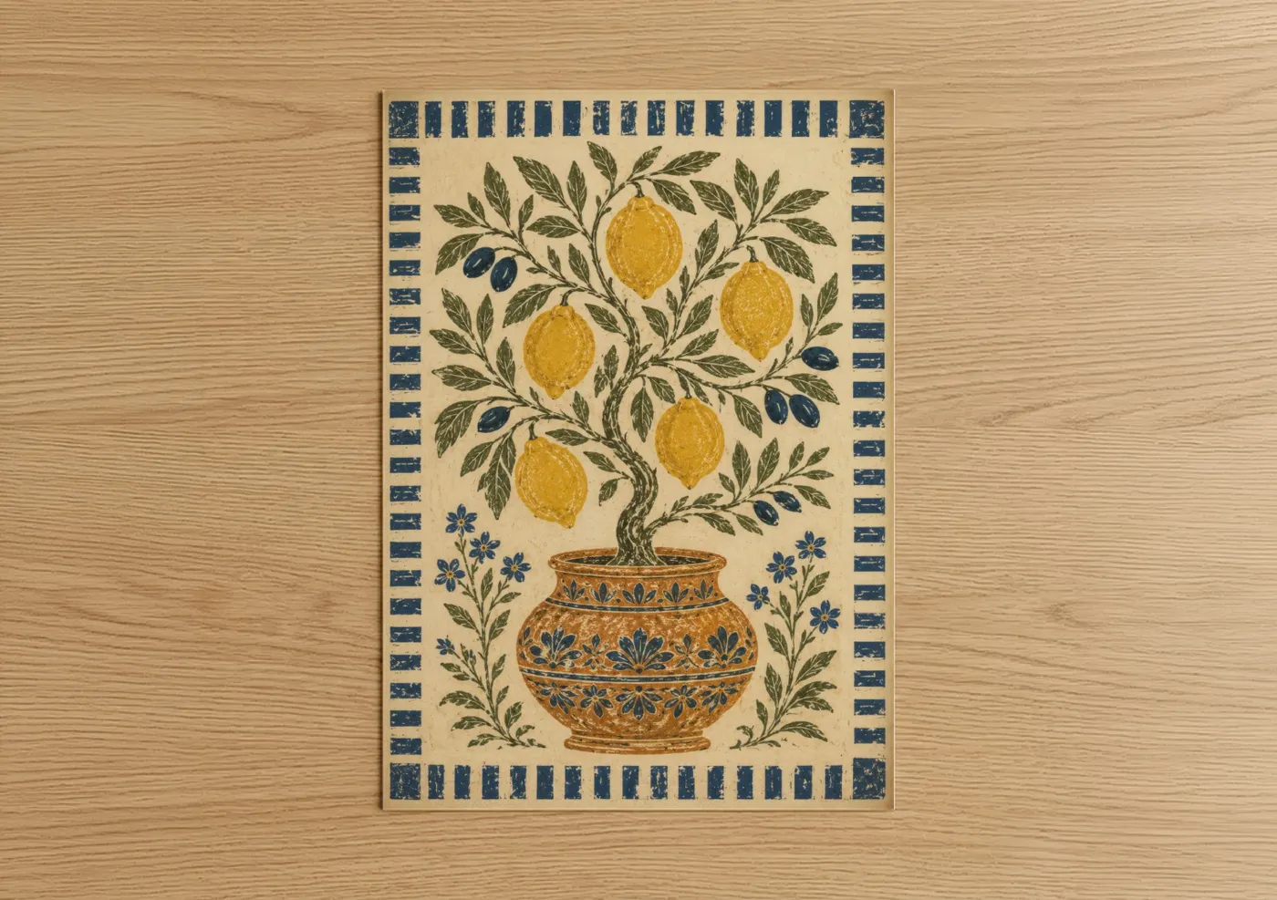 Fruit trees art print on warm oak wood — gold and blue palette — Mediterranean Lemon Tree Wall Art poster